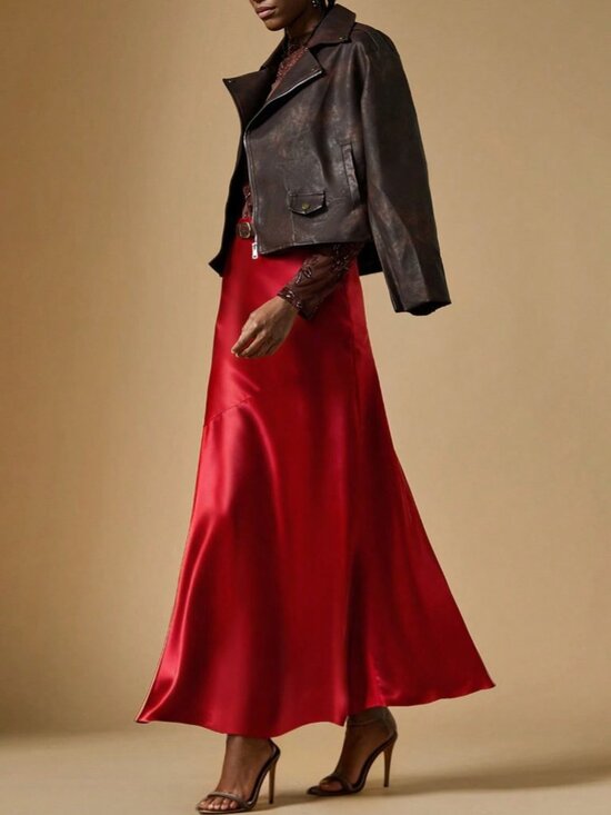 Red Elegant Women's Satin Fishtail Hem Skirt - Picture 1 of 5